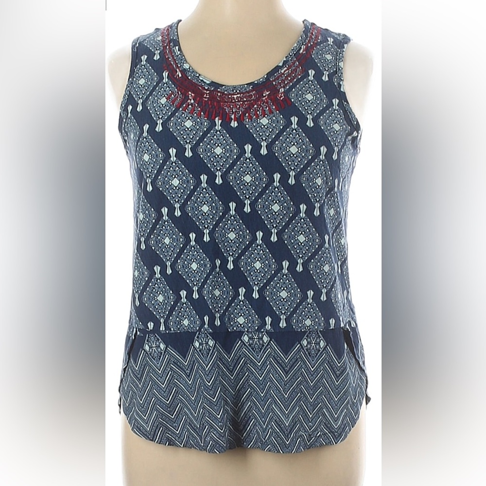 •VINTAGE AMERICA•BLUE DIAMOND PATTERN W/RED EMBROIDERED TASSELS TANK TOP SIZE XL